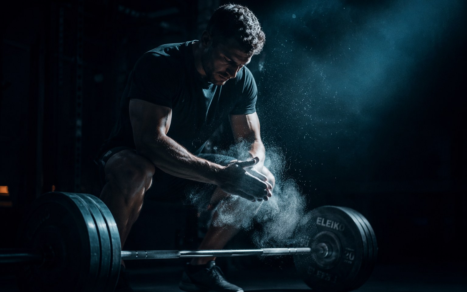 Chalked hands on a barbell